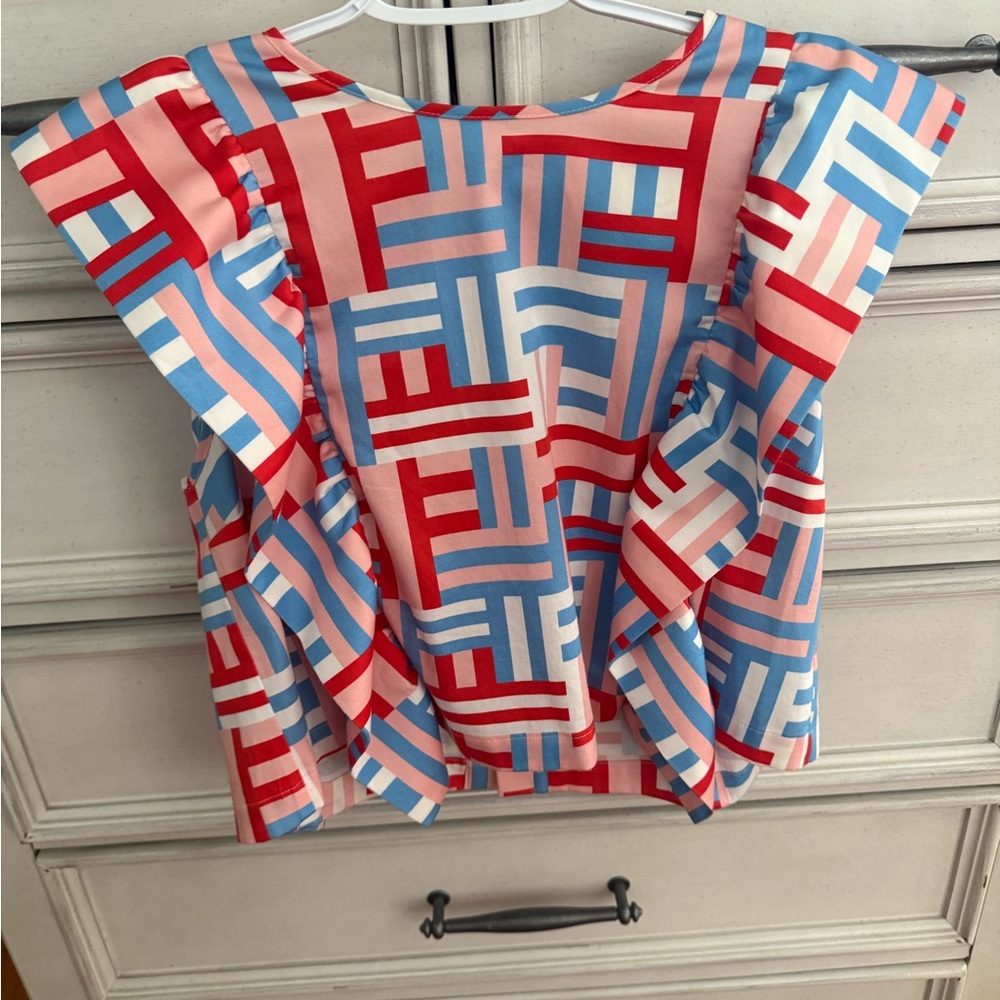 Geometric Ruffle Sleeve Blouse - Pink / Red / Blue